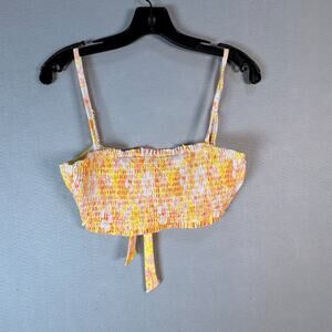 California Waves Bikini Top Juniors Large Floral Print Smocked Bandeau‎ Yellow L